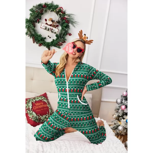 Ekouaer Women Hooded Jumpsuit Long Sleeve Onesies Zip Up One Piece Pajamas Novelty Sleepwear for WomenChristmassnowflakecandy Canesock