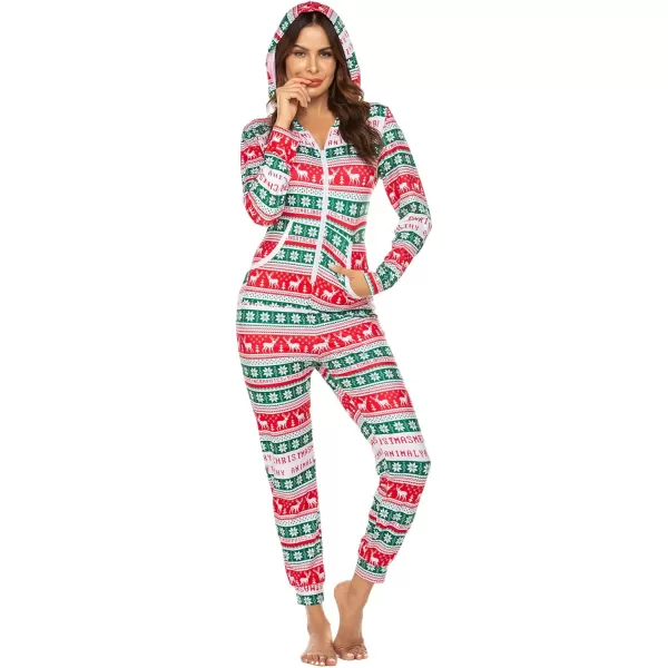 Ekouaer Women Hooded Jumpsuit Long Sleeve Onesies Zip Up One Piece Pajamas Novelty Sleepwear for WomenDchristmassnowflakeselk1