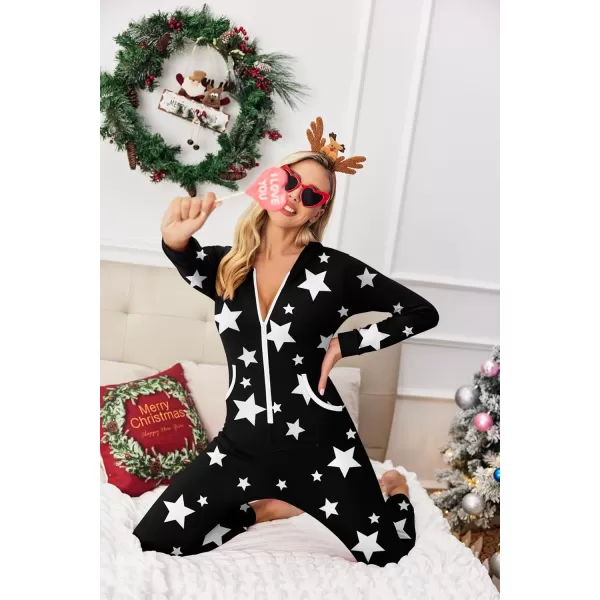 Ekouaer Women Hooded Jumpsuit Long Sleeve Onesies Zip Up One Piece Pajamas Novelty Sleepwear for WomenWhite Star Black