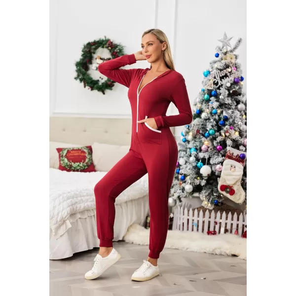 Ekouaer Women Hooded Jumpsuit Long Sleeve Onesies Zip Up One Piece Pajamas Novelty Sleepwear for WomenWine Red