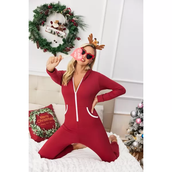 Ekouaer Women Hooded Jumpsuit Long Sleeve Onesies Zip Up One Piece Pajamas Novelty Sleepwear for WomenWine Red