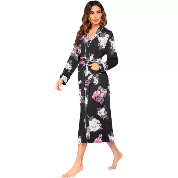 Ekouaer Women Kimono Robes Full Length Knit Bathrobe Lightweight Soft Sleepwear Vneck Casual Ladies Loungewear SXXLFloral Black