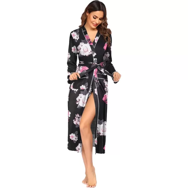 Ekouaer Women Kimono Robes Full Length Knit Bathrobe Lightweight Soft Sleepwear Vneck Casual Ladies Loungewear SXXLFloral Black