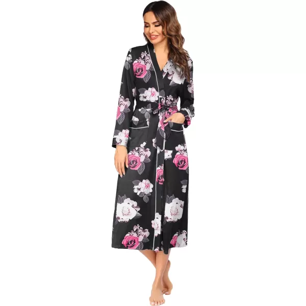 Ekouaer Women Kimono Robes Full Length Knit Bathrobe Lightweight Soft Sleepwear Vneck Casual Ladies Loungewear SXXLFloral Black