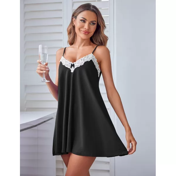 Ekouaer Women Lace Nightgown Sexy Spaghetti Strap Cami Sleeveless Chemise Sleepwear Sleep DressBlack