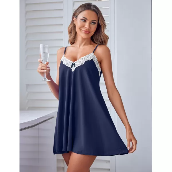 Ekouaer Women Lace Nightgown Sexy Spaghetti Strap Cami Sleeveless Chemise Sleepwear Sleep DressNavy Blue