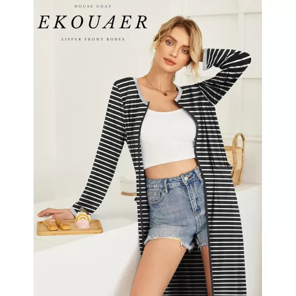 Ekouaer Women Long House Coat Zipper Front Robes Full Length Nightgowns with Pockets Striped Loungewear S4XLAstripept1 Black