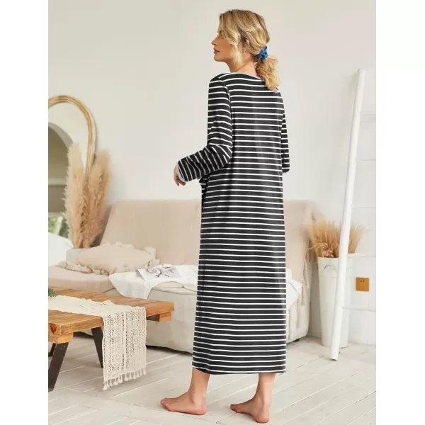 Ekouaer Women Long House Coat Zipper Front Robes Full Length Nightgowns with Pockets Striped Loungewear S4XLAstripept1 Black