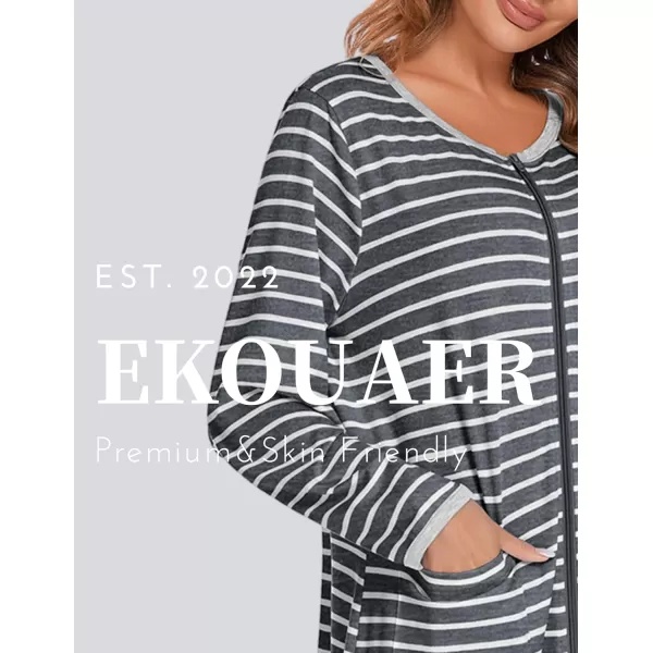 Ekouaer Women Long House Coat Zipper Front Robes Full Length Nightgowns with Pockets Striped Loungewear S4XLAstripept2