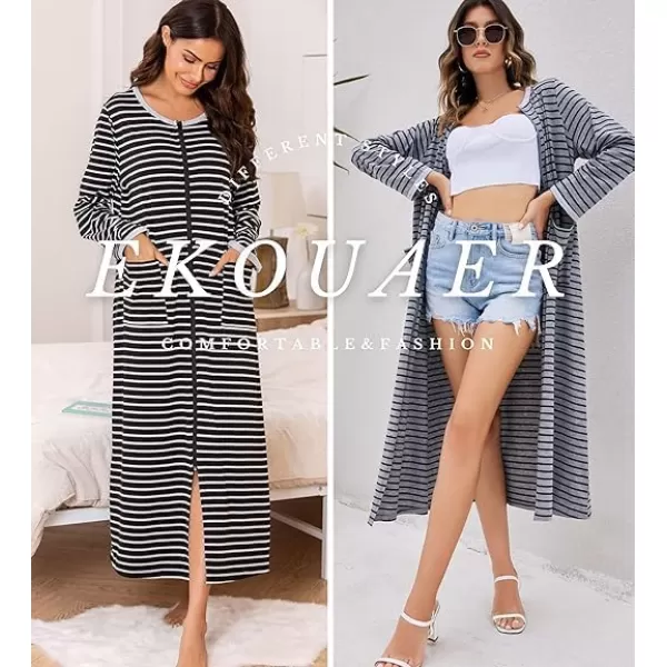 Ekouaer Women Long House Coat Zipper Front Robes Full Length Nightgowns with Pockets Striped Loungewear S4XLAstripept2