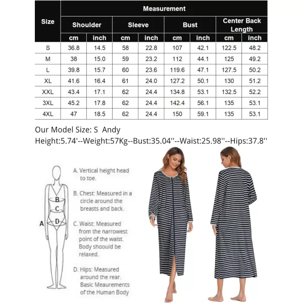 Ekouaer Women Long House Coat Zipper Front Robes Full Length Nightgowns with Pockets Striped Loungewear S4XLAstripept4 Navy Blue