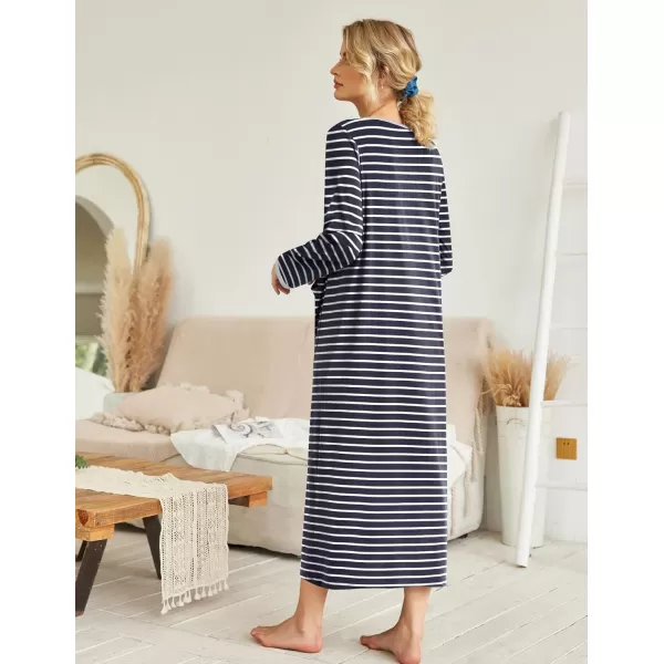 Ekouaer Women Long House Coat Zipper Front Robes Full Length Nightgowns with Pockets Striped Loungewear S4XLAstripept4 Navy Blue