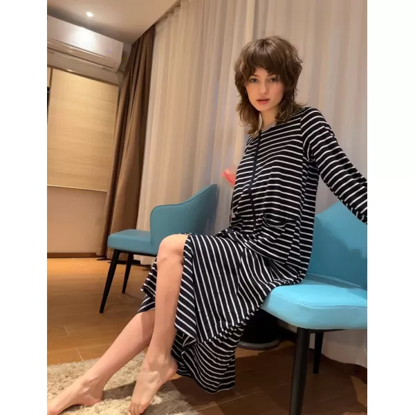 Ekouaer Women Long House Coat Zipper Front Robes Full Length Nightgowns with Pockets Striped Loungewear S4XLAstripept4 Navy Blue