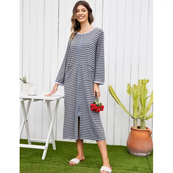 Ekouaer Women Long House Coat Zipper Front Robes Full Length Nightgowns with Pockets Striped Loungewear S4XLAstripept5