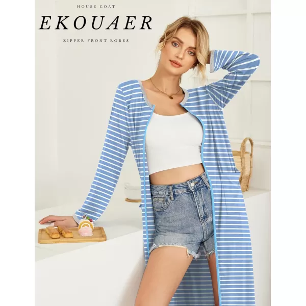 Ekouaer Women Long House Coat Zipper Front Robes Full Length Nightgowns with Pockets Striped Loungewear S4XLAstripept7