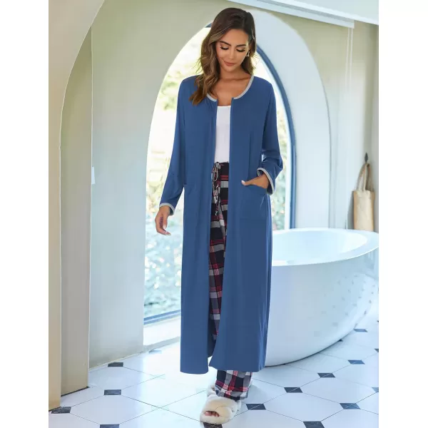 Ekouaer Women Long House Coat Zipper Front Robes Full Length Nightgowns with Pockets Striped Loungewear S4XLBblue