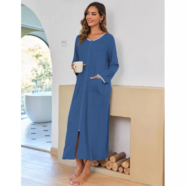 Ekouaer Women Long House Coat Zipper Front Robes Full Length Nightgowns with Pockets Striped Loungewear S4XLBblue