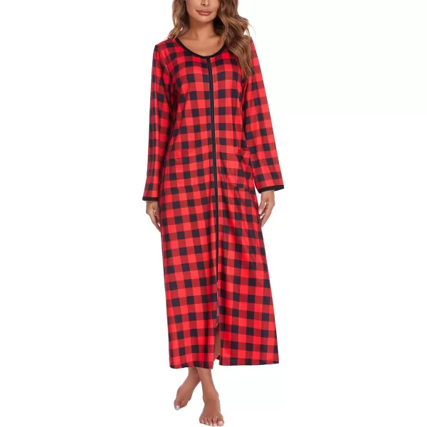 Ekouaer Women Long House Coat Zipper Front Robes Full Length Nightgowns with Pockets Striped Loungewear S4XLBplaidpt14