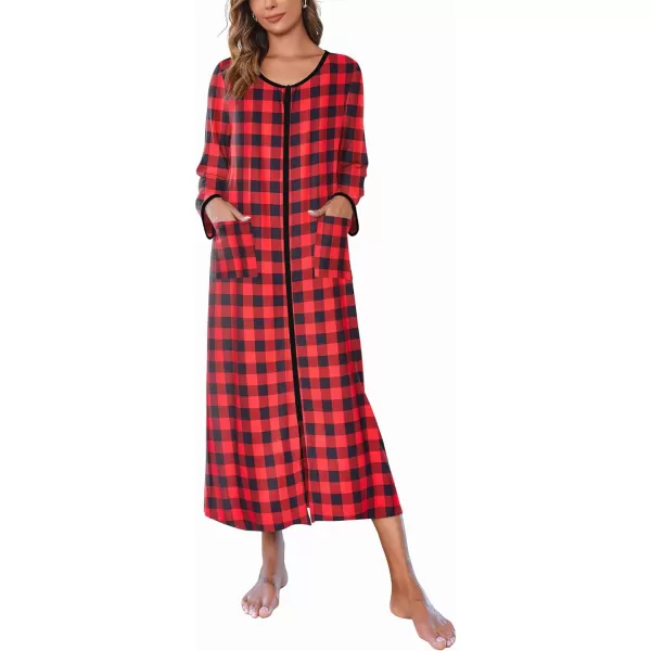 Ekouaer Women Long House Coat Zipper Front Robes Full Length Nightgowns with Pockets Striped Loungewear S4XLBplaidpt14