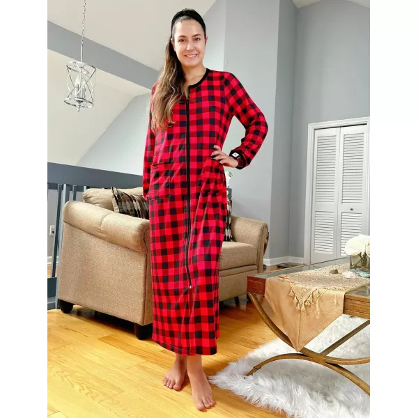 Ekouaer Women Long House Coat Zipper Front Robes Full Length Nightgowns with Pockets Striped Loungewear S4XLBplaidpt14