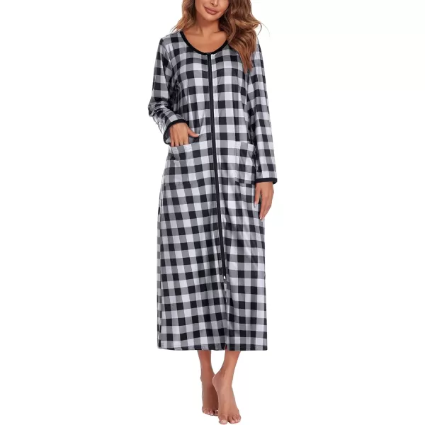 Ekouaer Women Long House Coat Zipper Front Robes Full Length Nightgowns with Pockets Striped Loungewear S4XLBplaidpt15