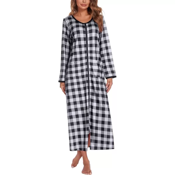 Ekouaer Women Long House Coat Zipper Front Robes Full Length Nightgowns with Pockets Striped Loungewear S4XLBplaidpt15