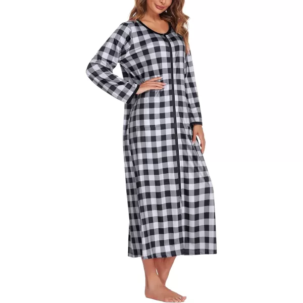 Ekouaer Women Long House Coat Zipper Front Robes Full Length Nightgowns with Pockets Striped Loungewear S4XLBplaidpt15