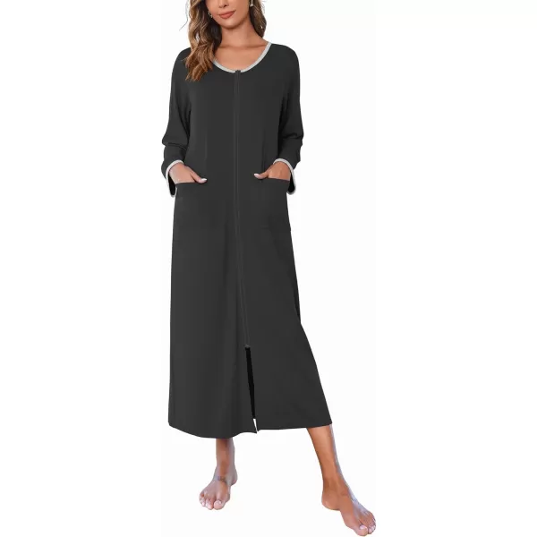 Ekouaer Women Long House Coat Zipper Front Robes Full Length Nightgowns with Pockets Striped Loungewear S4XLBsolid Black