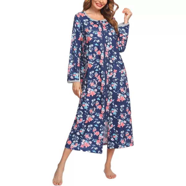 Ekouaer Women Long House Coat Zipper Front Robes Full Length Nightgowns with Pockets Striped Loungewear S4XLCflowerpt12