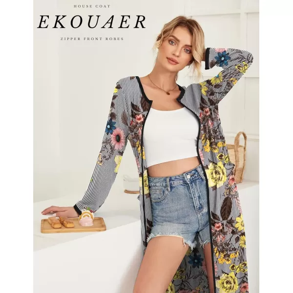 Ekouaer Women Long House Coat Zipper Front Robes Full Length Nightgowns with Pockets Striped Loungewear S4XLCflowerpt22