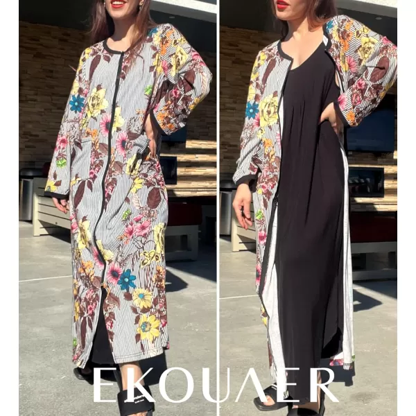 Ekouaer Women Long House Coat Zipper Front Robes Full Length Nightgowns with Pockets Striped Loungewear S4XLCflowerpt22