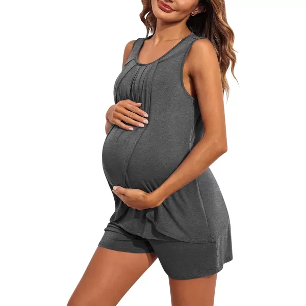 Ekouaer Women Maternity Nursing Pajama Set Breastfeeding Sleepwear Double Layer Sleeveless Top amp Shorts Pregnancy PJSGrey1