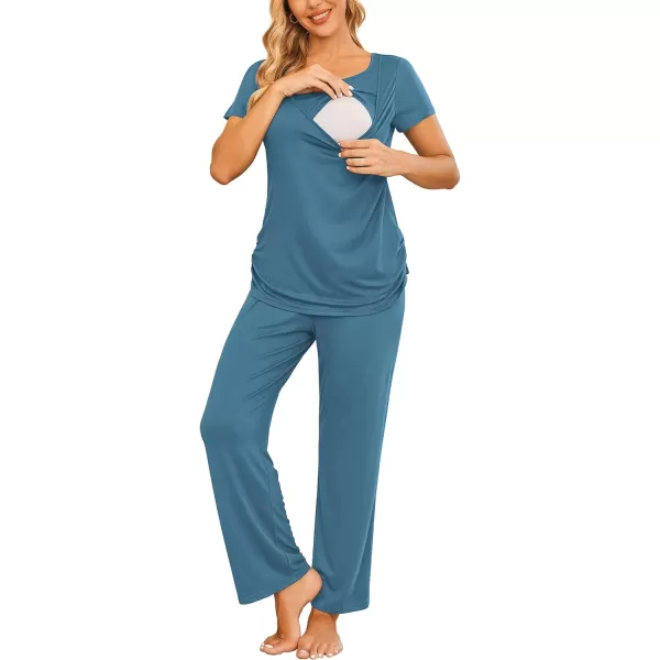 Ekouaer Women Maternity Nursing Pajama Set Breastfeeding Sleepwear Set Short Sleeve Top amp Pants Postpartum PajamasDark Blue