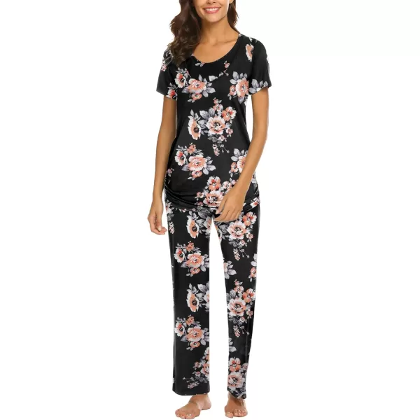 Ekouaer Women Maternity Nursing Pajama Set Breastfeeding Sleepwear Set Short Sleeve Top amp Pants Postpartum PajamasFloral Black