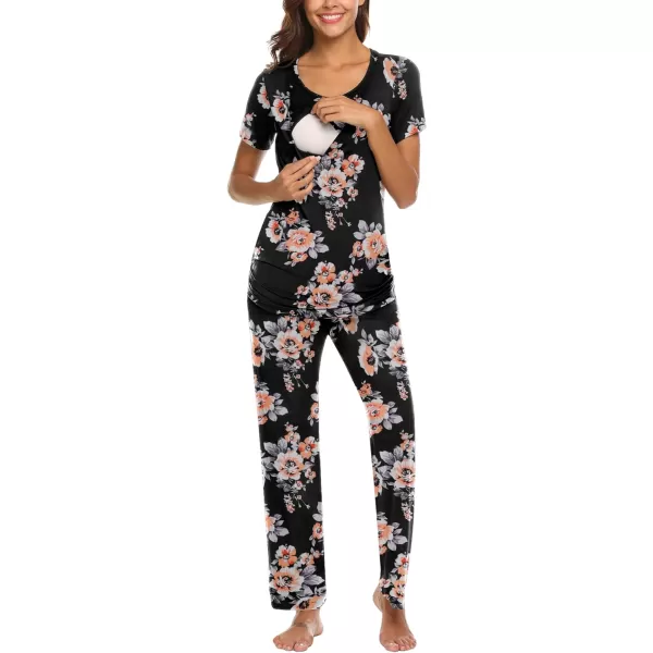 Ekouaer Women Maternity Nursing Pajama Set Breastfeeding Sleepwear Set Short Sleeve Top amp Pants Postpartum PajamasFloral Black