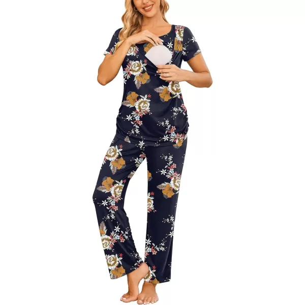 Ekouaer Women Maternity Nursing Pajama Set Breastfeeding Sleepwear Set Short Sleeve Top amp Pants Postpartum PajamasFloral Navy Blue