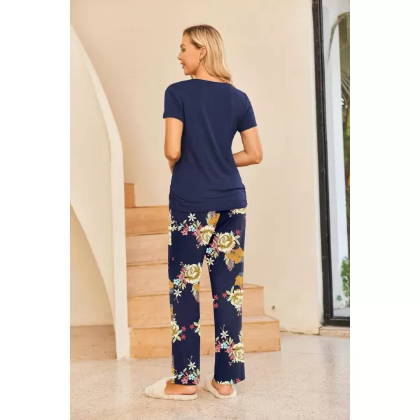 Ekouaer Women Maternity Nursing Pajama Set Breastfeeding Sleepwear Set Short Sleeve Top amp Pants Postpartum PajamasFloral Navy Blue1