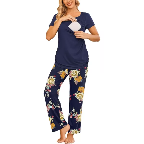 Ekouaer Women Maternity Nursing Pajama Set Breastfeeding Sleepwear Set Short Sleeve Top amp Pants Postpartum PajamasFloral Navy Blue1