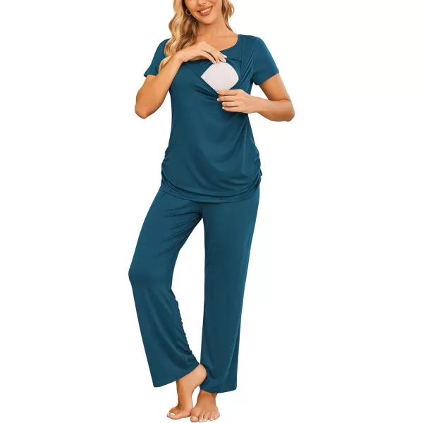 Ekouaer Women Maternity Nursing Pajama Set Breastfeeding Sleepwear Set Short Sleeve Top amp Pants Postpartum PajamasTeal