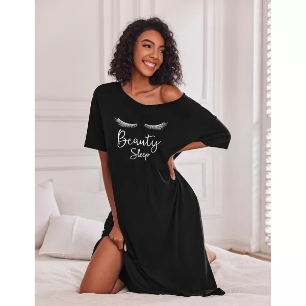 Ekouaer Women Nightgowns Long Night Gowns for Women O Neck Loungewear Sleep Shirts Sleepwear GownAblack