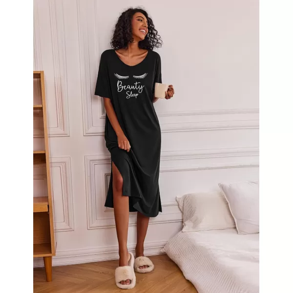 Ekouaer Women Nightgowns Long Night Gowns for Women O Neck Loungewear Sleep Shirts Sleepwear GownAblack