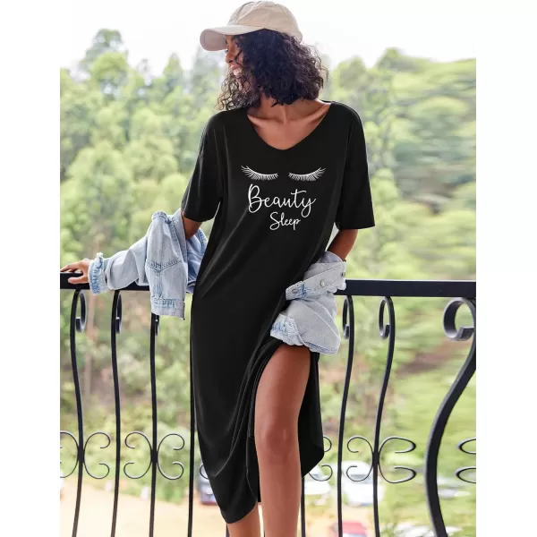 Ekouaer Women Nightgowns Long Night Gowns for Women O Neck Loungewear Sleep Shirts Sleepwear GownAblack