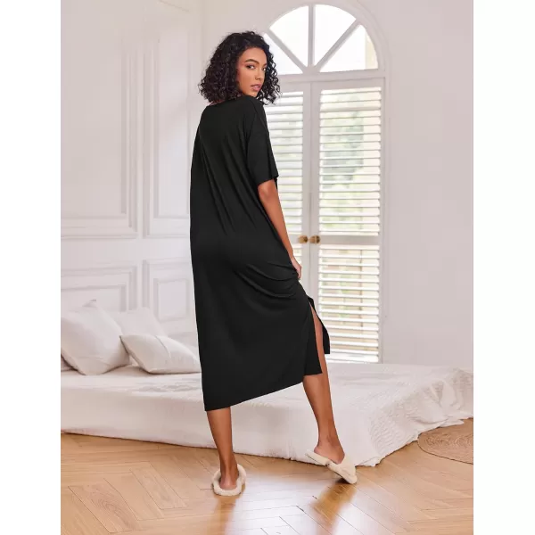 Ekouaer Women Nightgowns Long Night Gowns for Women O Neck Loungewear Sleep Shirts Sleepwear GownAblack