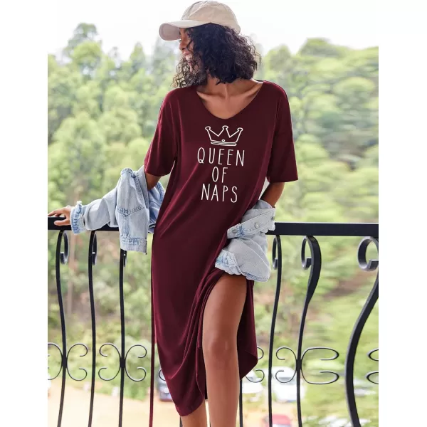 Ekouaer Women Nightgowns Long Night Gowns for Women O Neck Loungewear Sleep Shirts Sleepwear GownAwine Red