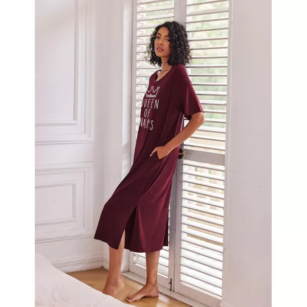Ekouaer Women Nightgowns Long Night Gowns for Women O Neck Loungewear Sleep Shirts Sleepwear GownAwine Red
