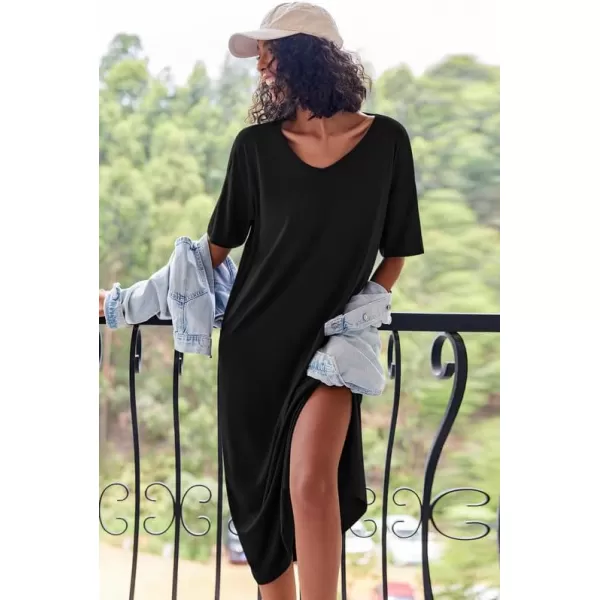 Ekouaer Women Nightgowns Long Night Gowns for Women O Neck Loungewear Sleep Shirts Sleepwear GownBlack