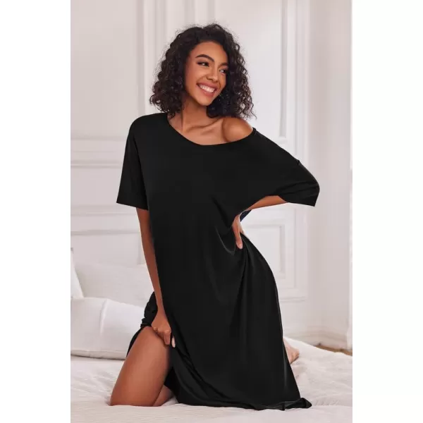 Ekouaer Women Nightgowns Long Night Gowns for Women O Neck Loungewear Sleep Shirts Sleepwear GownBlack
