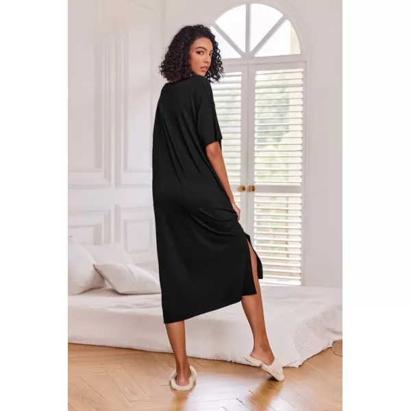 Ekouaer Women Nightgowns Long Night Gowns for Women O Neck Loungewear Sleep Shirts Sleepwear GownBlack