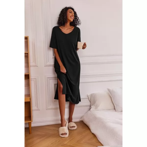 Ekouaer Women Nightgowns Long Night Gowns for Women O Neck Loungewear Sleep Shirts Sleepwear GownBlack
