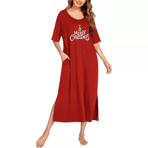 Ekouaer Women Nightgowns Long Night Gowns for Women O Neck Loungewear Sleep Shirts Sleepwear GownChristmas